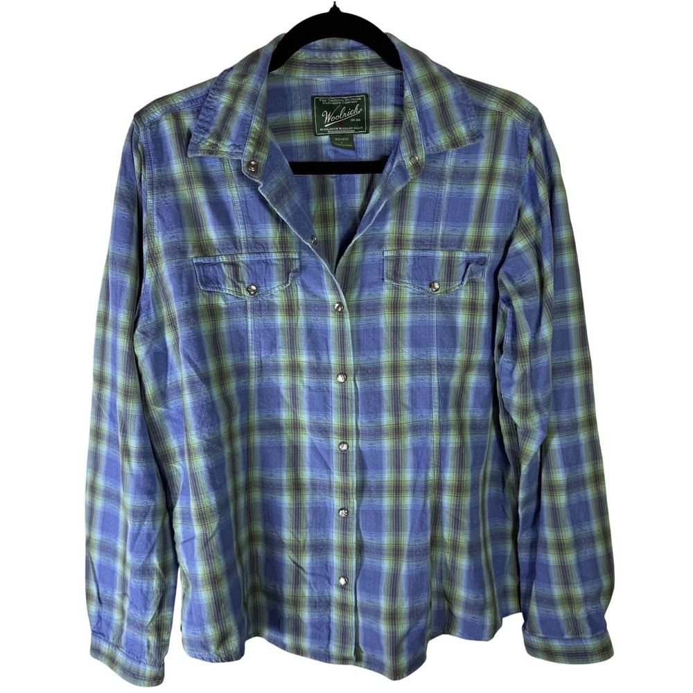 Woolrich Womens Blue Green Plaid Embroidered Cotton Western Snap Front Shirt L